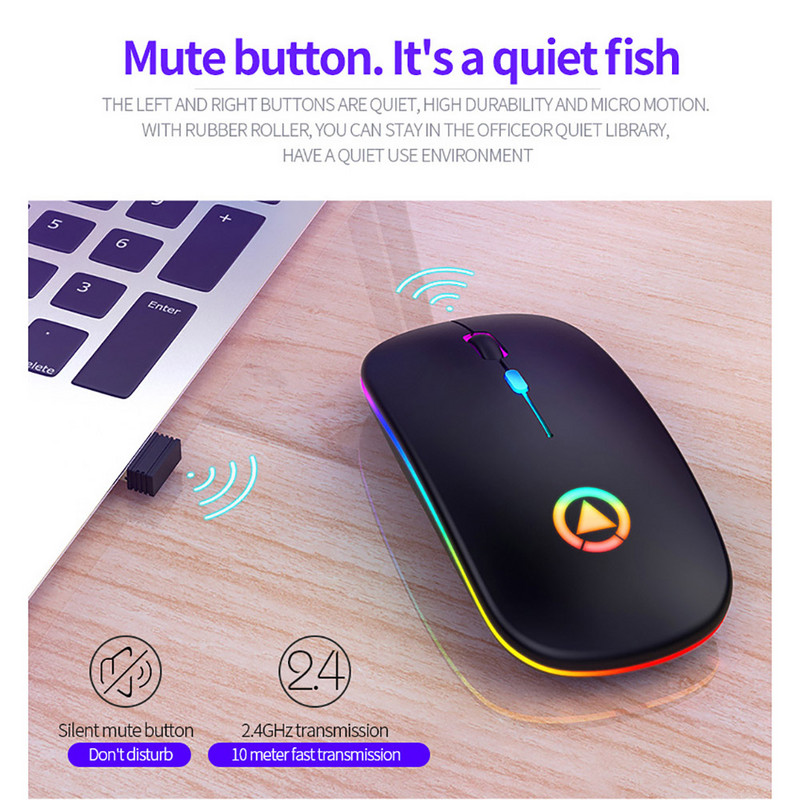 Mouse fără fir Bluetooth 5.0 cu lumină RGB reîncărcabilă prin USB pentru computer, laptop, computer, Macbook, gamer, 2,4 GHz, LED portabil