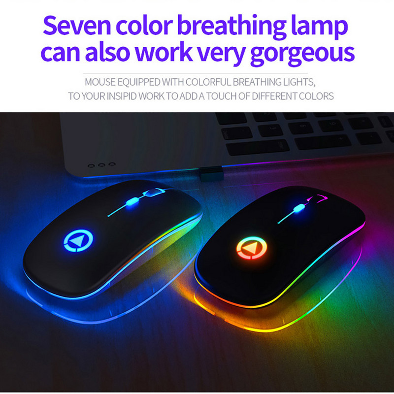 Mouse fără fir Bluetooth 5.0 cu lumină RGB reîncărcabilă prin USB pentru computer, laptop, computer, Macbook, gamer, 2,4 GHz, LED portabil
