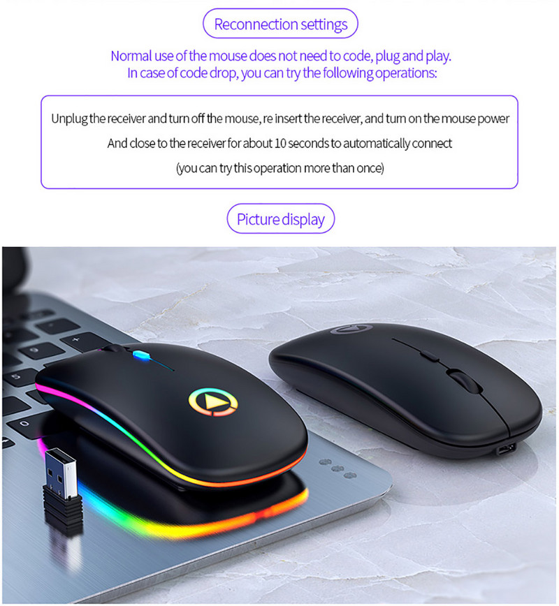 Mouse fără fir Bluetooth 5.0 cu lumină RGB reîncărcabilă prin USB pentru computer, laptop, computer, Macbook, gamer, 2,4 GHz, LED portabil