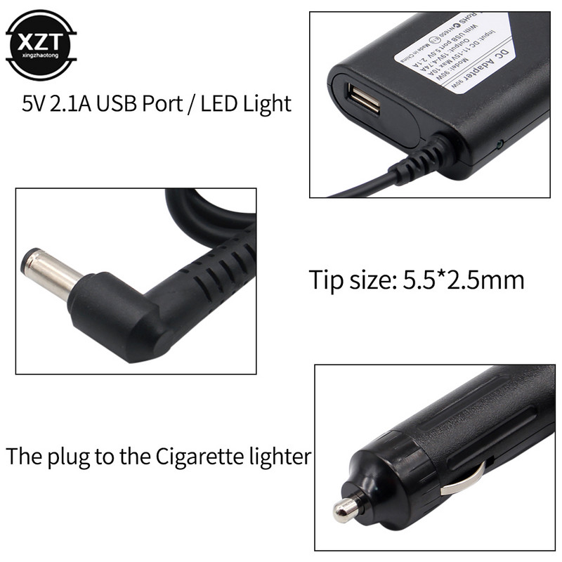 Kelių tipų 90W 19V 4,74A maitinimo šaltinio automobilinio įkroviklio nešiojamojo kompiuterio adapteris, skirtas ACER/DELL/Samsung/Lenovo/Asus USB 5V 2A išmaniajam telefonui