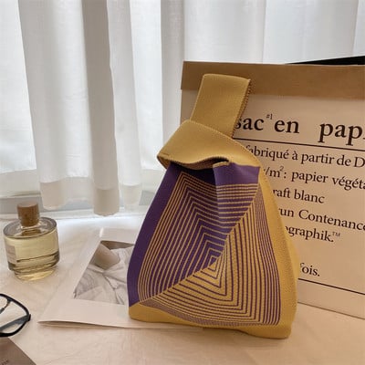 Kézzel készített kötött kézitáska női mini csomós csuklótáska japán alkalmi színes széles csíkos kockás táska diák újrahasználható bevásárlótáskák