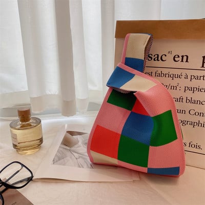 Kézzel készített kötött kézitáska női mini csomós csuklótáska japán alkalmi színes széles csíkos kockás táska diák újrahasználható bevásárlótáskák