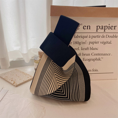 Kézzel készített kötött kézitáska női mini csomós csuklótáska japán alkalmi színes széles csíkos kockás táska diák újrahasználható bevásárlótáskák