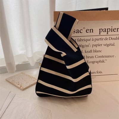 Kézzel készített kötött kézitáska női mini csomós csuklótáska japán alkalmi színes széles csíkos kockás táska diák újrahasználható bevásárlótáskák