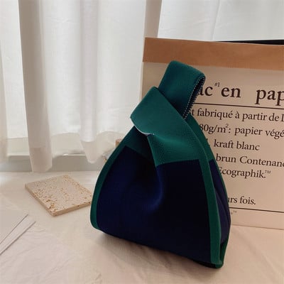 Kézzel készített kötött kézitáska női mini csomós csuklótáska japán alkalmi színes széles csíkos kockás táska diák újrahasználható bevásárlótáskák