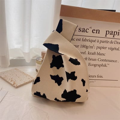 Kézzel készített kötött kézitáska női mini csomós csuklótáska japán alkalmi színes széles csíkos kockás táska diák újrahasználható bevásárlótáskák