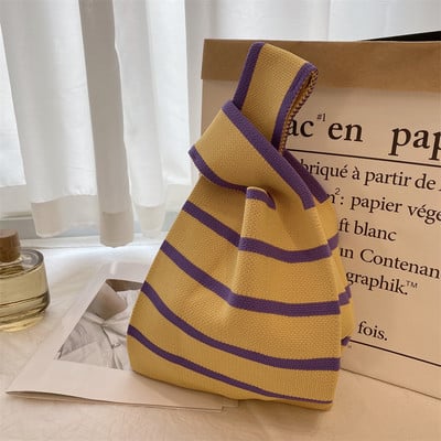 Kézzel készített kötött kézitáska női mini csomós csuklótáska japán alkalmi színes széles csíkos kockás táska diák újrahasználható bevásárlótáskák