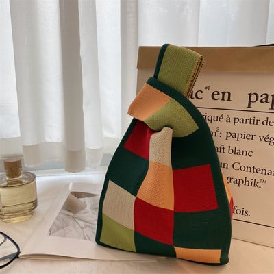 Kézzel készített kötött kézitáska női mini csomós csuklótáska japán alkalmi színes széles csíkos kockás táska diák újrahasználható bevásárlótáskák