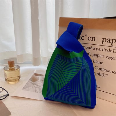 Kézzel készített kötött kézitáska női mini csomós csuklótáska japán alkalmi színes széles csíkos kockás táska diák újrahasználható bevásárlótáskák