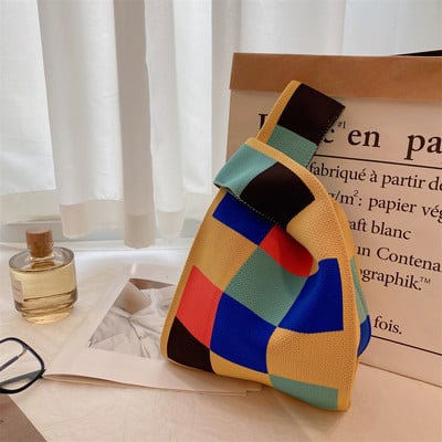 Kézzel készített kötött kézitáska női mini csomós csuklótáska japán alkalmi színes széles csíkos kockás táska diák újrahasználható bevásárlótáskák