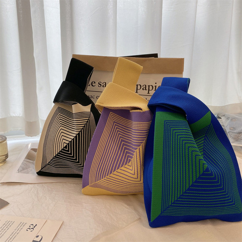 Kézzel készített kötött kézitáska női mini csomós csuklótáska japán alkalmi színes széles csíkos kockás táska diák újrahasználható bevásárlótáskák