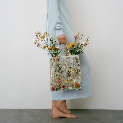 1Pc Fashion Tote Καλοκαιρινό Νέο Στιλ Διχτυωτό Πλήρες Κέντημα Λουλούδια Clear Shoulder Bag Ρομαντική τσάντα γυναικεία οικολογική τσάντα αγορών 2023