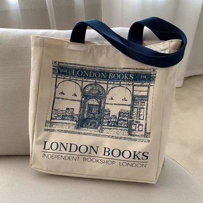 Ženska platnena torba na rame London Books Print Ženska ležerna ručna torba Velika torba za višekratnu upotrebu Pamučna torba za plažu za kupovinu