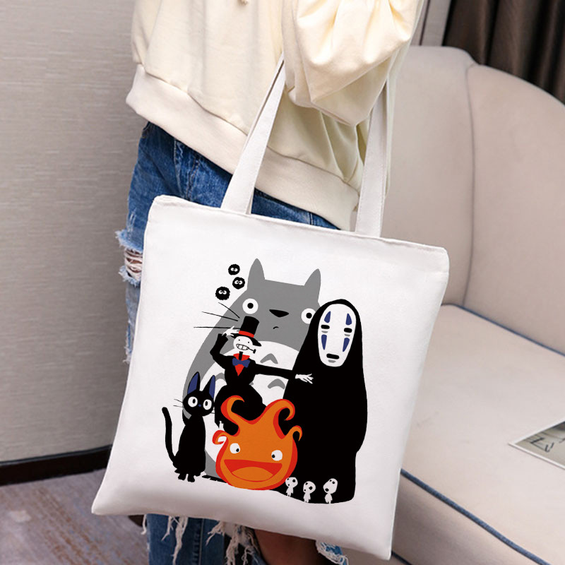 Studio Ghibli Geantă de cumpărături pentru femei Desene animată eco reutilizabilă Geantă de tote pentru femei Geantă de mână pentru colegiu Geantă de cumpărături de umăr retro mare pentru femei