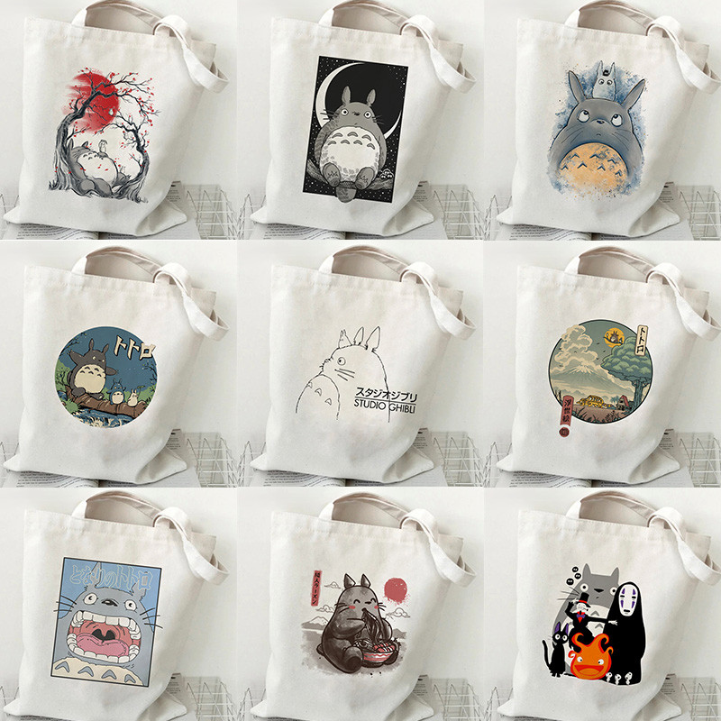 Studio Ghibli Geantă de cumpărături pentru femei Desene animată eco reutilizabilă Geantă de tote pentru femei Geantă de mână pentru colegiu Geantă de cumpărături de umăr retro mare pentru femei