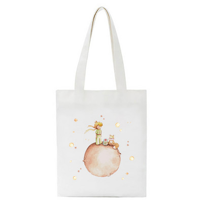 Γυναικεία τσάντα αγορών από καμβά κινουμένων σχεδίων Μικρός Πρίγκιπας με λαβή Αστεία οικολογική αναδιπλούμενη επαναχρησιμοποιούμενη τσάντα τσάντα τσάντα κλειδιού Τηλεφωνική τσάντα αγορών