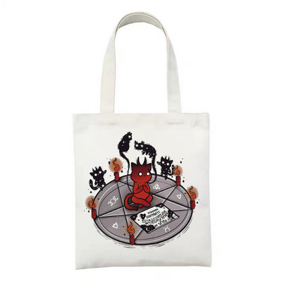 Geantă de cumpărături reutilizabilă, la modă, pentru femei, genți de tote din pânză, Satan Cat Demon, geantă de imprimare, cu desene animate, Bolsa de cumpărături, genți de umăr pentru cumpărători