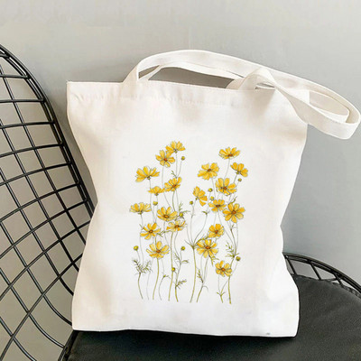 Shopper Yellow Cosmos Flowers Printed Tote Bag жени Harajuku shopper чанта момиче Пазарска чанта през рамо Дамска платнена чанта