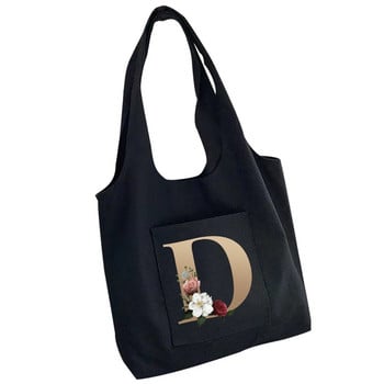 Γυναικεία τσάντα πάνινη τσάντα ταξιδιού μεγάλης χωρητικότητας Εκτύπωση 26 γραμμάτων Hot Flower Gold Φορητή τσάντα αγορών με έναν ώμο