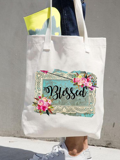 Moterų spaudinių pirkėjas Laisvalaikio apsipirkimo rankinės Moteriškos pečių mados 90-ųjų Stilius Gėlės Gėlėtos Merginos Grafinis drobinis krepšys