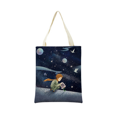 The Little Prince με εκτύπωση διπλής όψης Market Market Τσάντα αγορών Γυναικεία αναδιπλούμενη λινή τσάντα χειρός Εξωτερική φορητή βολική θήκη αποθήκευσης