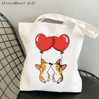 Shopper Kawaii Cartoons Corgi Printed Tote Bag γυναικών Harajuku shopper τσάντα κορίτσι Τσάντα αγορών ώμου Lady Canvas Bag