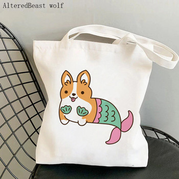 Shopper Kawaii Cartoons Corgi Printed Tote Bag γυναικών Harajuku shopper τσάντα κορίτσι Τσάντα αγορών ώμου Lady Canvas Bag