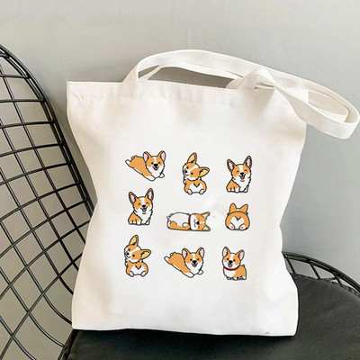 Shopper Kawaii Cartoons Corgi Printed Tote Bag žene Harajuku shopper torba djevojka Torba za kupovinu na rame Ženska platnena torba