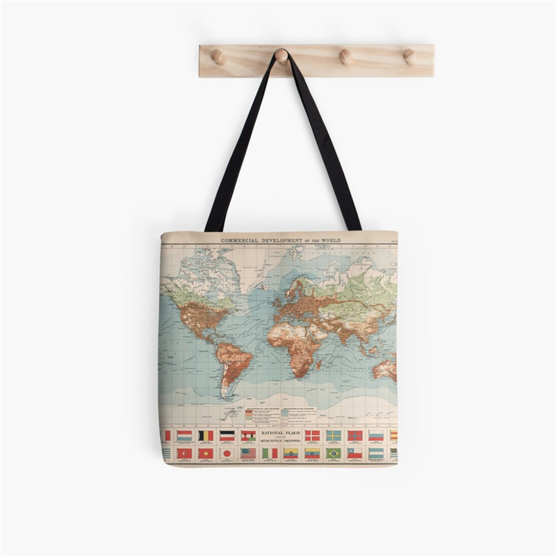 Juokingas senovinis pasaulio žemėlapis Nešiojamas krepšys Spausdintas krepšys moterims Harajuku pirkėjo rankinė mergina Pečių pirkinių krepšys Lady Canvas Bag
