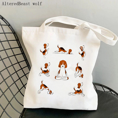 Dámska nákupná taška Beagle so psom na jogu, potlačená kawaii taška Harajuku, nákupná plátená taška, dievčenská kabelka, taška cez rameno