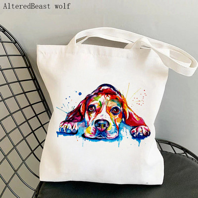 Dámska nákupná taška Beagle so psom na jogu, potlačená kawaii taška Harajuku, nákupná plátená taška, dievčenská kabelka, taška cez rameno