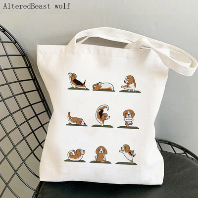 Dámska nákupná taška Beagle so psom na jogu, potlačená kawaii taška Harajuku, nákupná plátená taška, dievčenská kabelka, taška cez rameno
