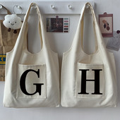 Geantă de cumpărături la modă pentru femei, o geantă de stradă, ocazională, pentru navetist, nume inițial, imprimeu grafic, bej, geantă tote pentru femei, pânză repetabilă