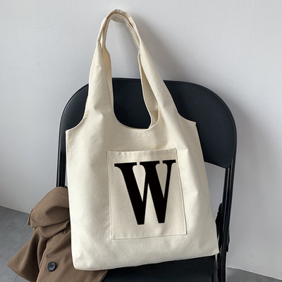 Geantă de cumpărături la modă pentru femei, o geantă de stradă, ocazională, pentru navetist, nume inițial, imprimeu grafic, bej, geantă tote pentru femei, pânză repetabilă
