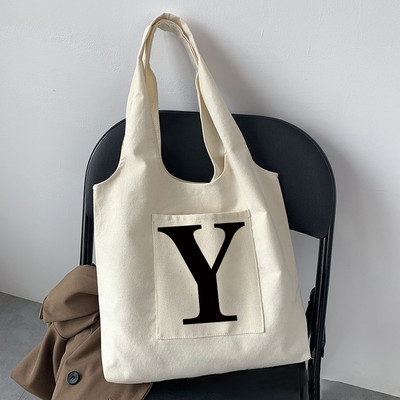 Geantă de cumpărături la modă pentru femei, o geantă de stradă, ocazională, pentru navetist, nume inițial, imprimeu grafic, bej, geantă tote pentru femei, pânză repetabilă