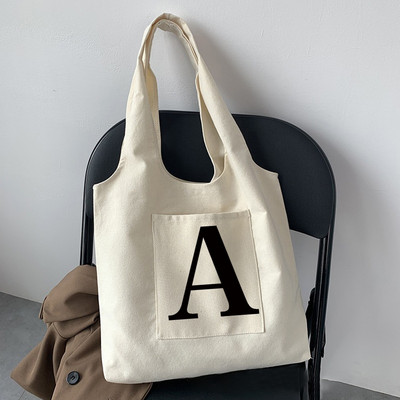 Geantă de cumpărături la modă pentru femei, o geantă de stradă, ocazională, pentru navetist, nume inițial, imprimeu grafic, bej, geantă tote pentru femei, pânză repetabilă