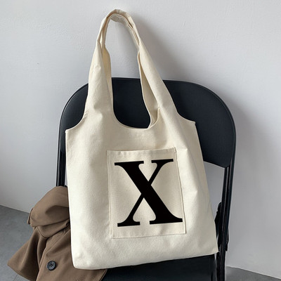 Geantă de cumpărături la modă pentru femei, o geantă de stradă, ocazională, pentru navetist, nume inițial, imprimeu grafic, bej, geantă tote pentru femei, pânză repetabilă