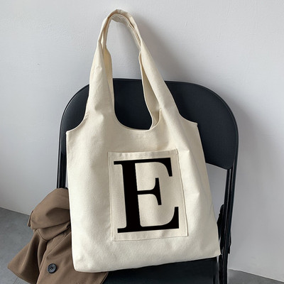 Geantă de cumpărături la modă pentru femei, o geantă de stradă, ocazională, pentru navetist, nume inițial, imprimeu grafic, bej, geantă tote pentru femei, pânză repetabilă