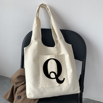 Geantă de cumpărături la modă pentru femei, o geantă de stradă, ocazională, pentru navetist, nume inițial, imprimeu grafic, bej, geantă tote pentru femei, pânză repetabilă