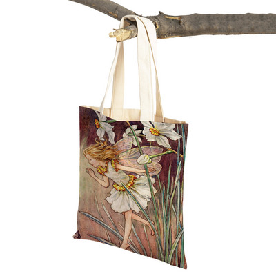 Mindkettő nyomtatott rajzfilm viráglány bevásárlótáska nőknek, gyerekeknek, újrafelhasználható, alkalmi mese Világ Elves vászon váll kézitáska