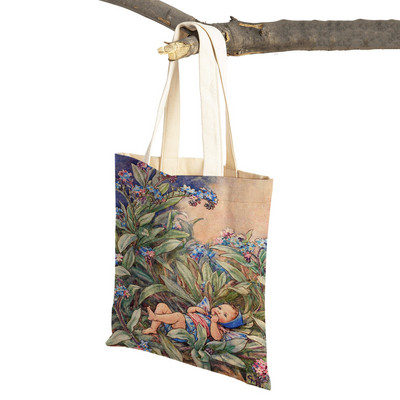 Mindkettő nyomtatott rajzfilm viráglány bevásárlótáska nőknek, gyerekeknek, újrafelhasználható, alkalmi mese Világ Elves vászon váll kézitáska