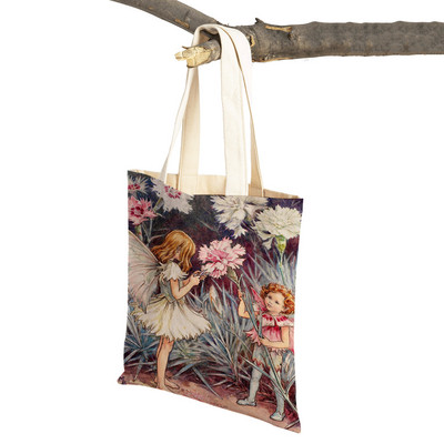Mindkettő nyomtatott rajzfilm viráglány bevásárlótáska nőknek, gyerekeknek, újrafelhasználható, alkalmi mese Világ Elves vászon váll kézitáska