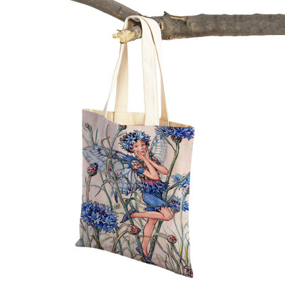 Mindkettő nyomtatott rajzfilm viráglány bevásárlótáska nőknek, gyerekeknek, újrafelhasználható, alkalmi mese Világ Elves vászon váll kézitáska