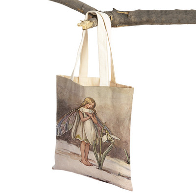 Mindkettő nyomtatott rajzfilm viráglány bevásárlótáska nőknek, gyerekeknek, újrafelhasználható, alkalmi mese Világ Elves vászon váll kézitáska