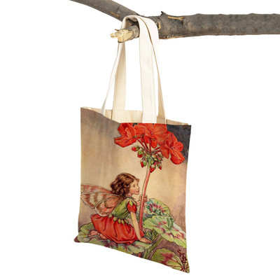 Mindkettő nyomtatott rajzfilm viráglány bevásárlótáska nőknek, gyerekeknek, újrafelhasználható, alkalmi mese Világ Elves vászon váll kézitáska