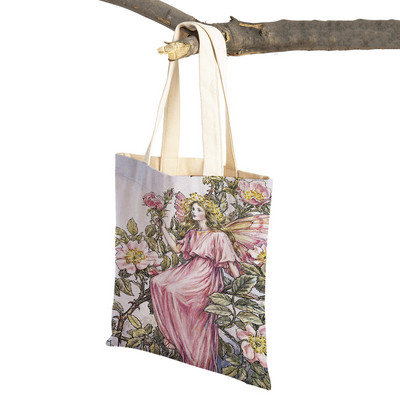 Mindkettő nyomtatott rajzfilm viráglány bevásárlótáska nőknek, gyerekeknek, újrafelhasználható, alkalmi mese Világ Elves vászon váll kézitáska