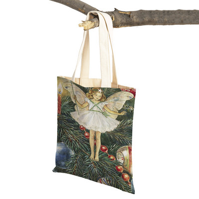 Mindkettő nyomtatott rajzfilm viráglány bevásárlótáska nőknek, gyerekeknek, újrafelhasználható, alkalmi mese Világ Elves vászon váll kézitáska