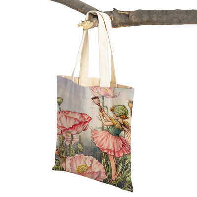 Mindkettő nyomtatott rajzfilm viráglány bevásárlótáska nőknek, gyerekeknek, újrafelhasználható, alkalmi mese Világ Elves vászon váll kézitáska