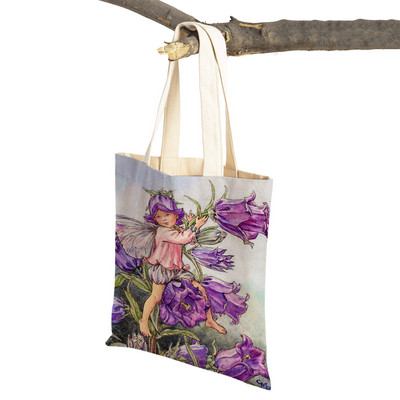 Mindkettő nyomtatott rajzfilm viráglány bevásárlótáska nőknek, gyerekeknek, újrafelhasználható, alkalmi mese Világ Elves vászon váll kézitáska