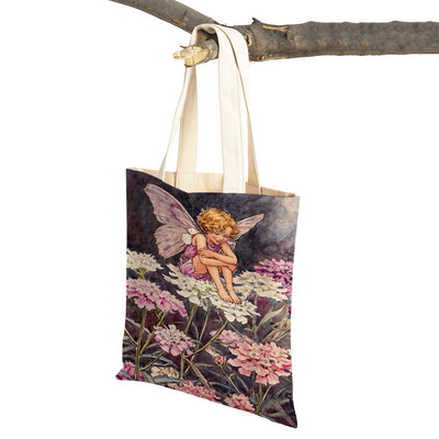 Mindkettő nyomtatott rajzfilm viráglány bevásárlótáska nőknek, gyerekeknek, újrafelhasználható, alkalmi mese Világ Elves vászon váll kézitáska
